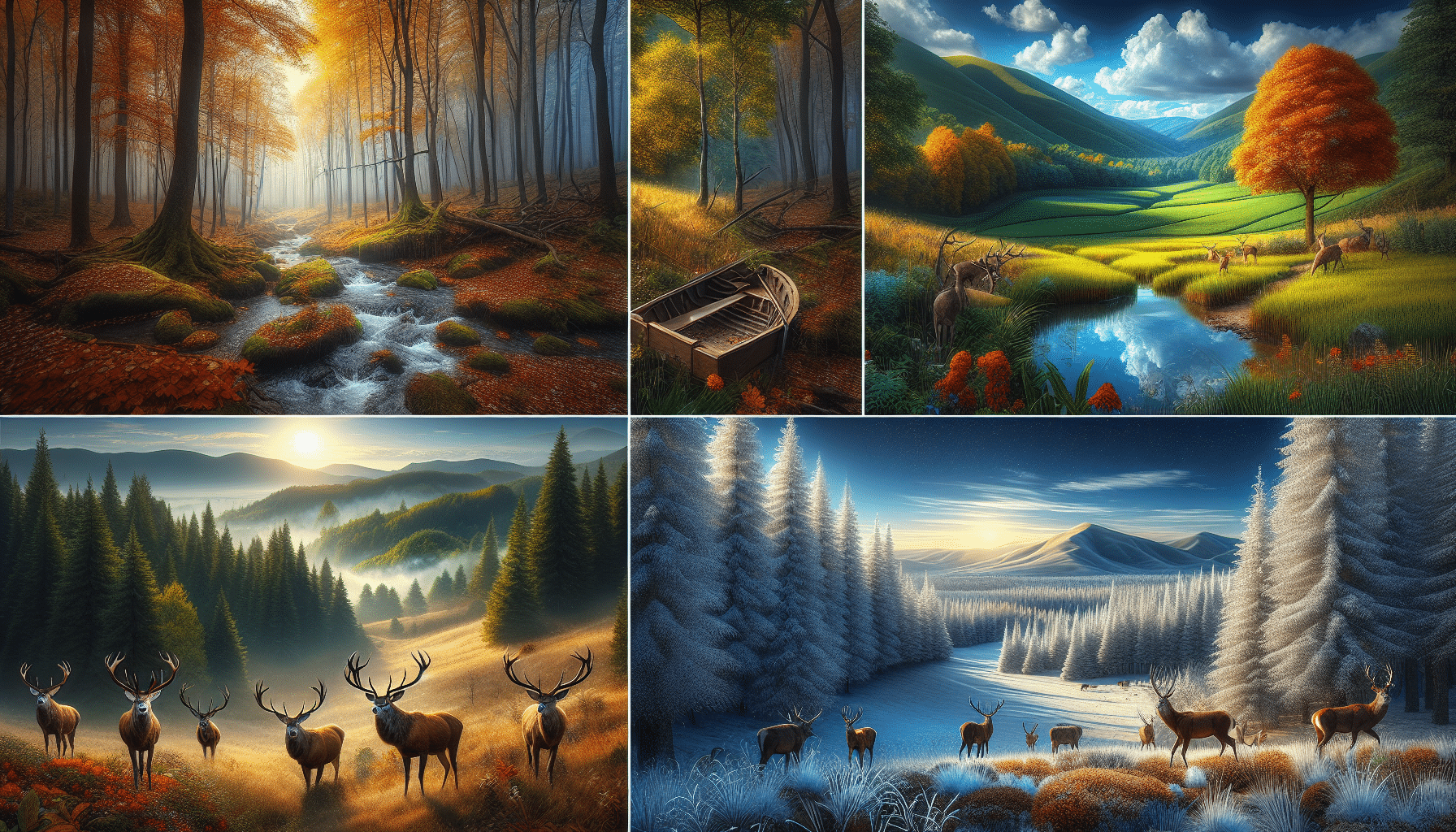 An ultra-realistic image of various landscapes suitable for deer hunting that are aesthetically striking, yet suggest affordability. The scene includes a hilly woodland immersed in autumn colors, with fallen leaves, towering trees, and a tranquil river flowing nearby. In a contrasting environment, show a lush green meadow under a radiant blue sky, with distant hills on the horizon. Finally, portray a snow-covered forest in winter, with muffled silence and the sparkle of frozen dew on bare branches. All elements should evoke the serene beauty of the states renowned for their affordable deer hunting leases, but without any text, people, brand names, or logos.