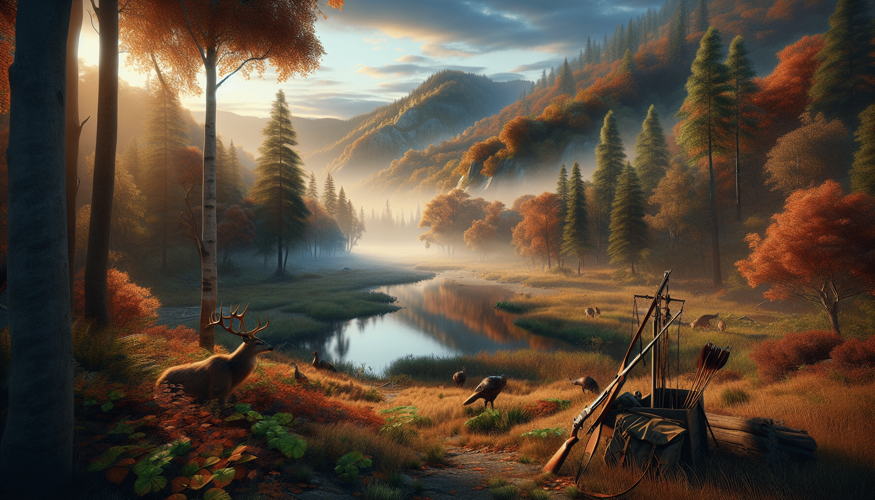 A hyper-realistic image of a serene, untouched, rural landscape at sunrise. It's autumn and the leaves are in the midst of changing colors, covering the ground with a vibrant blanket. A misty river winds its way across the terrain, with the majestic reflection of towering trees on its surface. With the backdrop of rolling hills in the distance, wild game such as deer, rabbits and wild turkeys are exploring or foraging in the area. Frontier-style equipment relevant to hunting, such as a primitive bow and arrows, are unattended near the edge of the forest, implying the absent presence of humans.