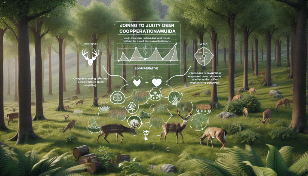 Create an ultra-realistic image illustrating the process of joining a Quality Deer Management Association (QDMA) cooperative without the use of text or human figures. Depict a verdant forest with white-tailed deer grazing peacefully. Add hints of cooperative efforts such as scattered evidence of conservation efforts: planted trees, food plots, and safe migratory pathways. Do not include any logos, brand names or human figures. Do not include text on any items in the image.