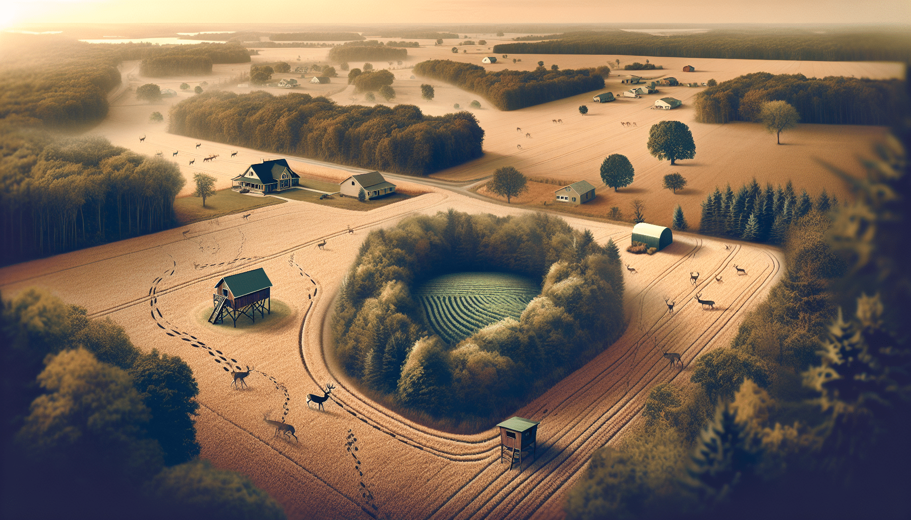 Generate a hyper-realistic image representing the concept of starting a hunting lease with neighbors. Show a lightly wooded area, bordered by a few scattered farmhouses, indicating a rural neighborhood. Embed the sense of hunting by including visual cues such as deer tracks on the ground, a hunting ground blind in some distance, and an aerial view of a wildlife food plot. No people, brand names, logos or text should be visible in the image.