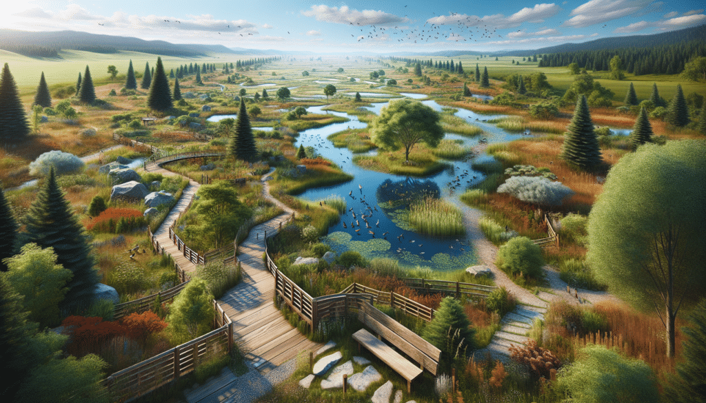 An elaborate, hyper-realistic visualization of a diverse sanctuary carved out in a 100-acre property. The sanctuary encompasses various ecological zones like a small forest area with diverse, mature trees, a thriving wetland flocked with various bird species, a prairie with tall grass swaying in the wind, and a picturesque lake reflecting the bright azure sky. There are rustic wooden benches scattered throughout the property for rest. Rambling stone paths and wooden footbridges weave through these diverse landscapes. No humans, text, or brand logos are present within the sanctuary.
