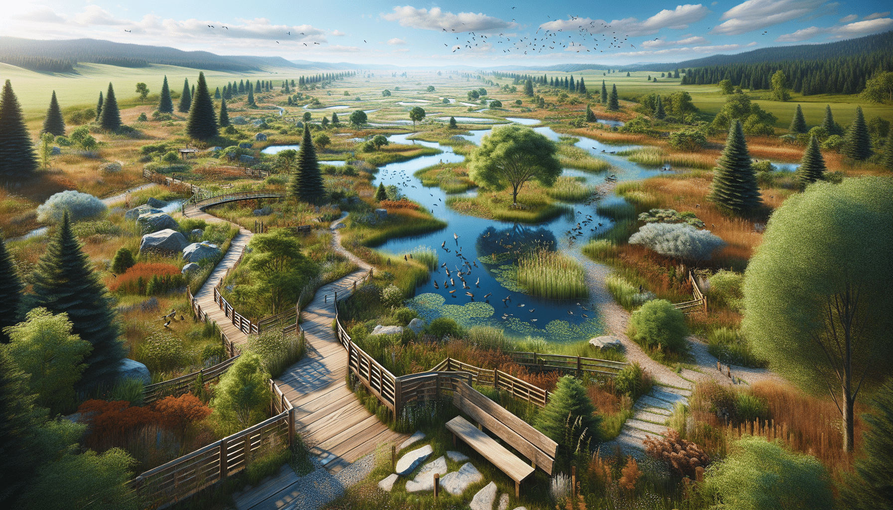 An elaborate, hyper-realistic visualization of a diverse sanctuary carved out in a 100-acre property. The sanctuary encompasses various ecological zones like a small forest area with diverse, mature trees, a thriving wetland flocked with various bird species, a prairie with tall grass swaying in the wind, and a picturesque lake reflecting the bright azure sky. There are rustic wooden benches scattered throughout the property for rest. Rambling stone paths and wooden footbridges weave through these diverse landscapes. No humans, text, or brand logos are present within the sanctuary.
