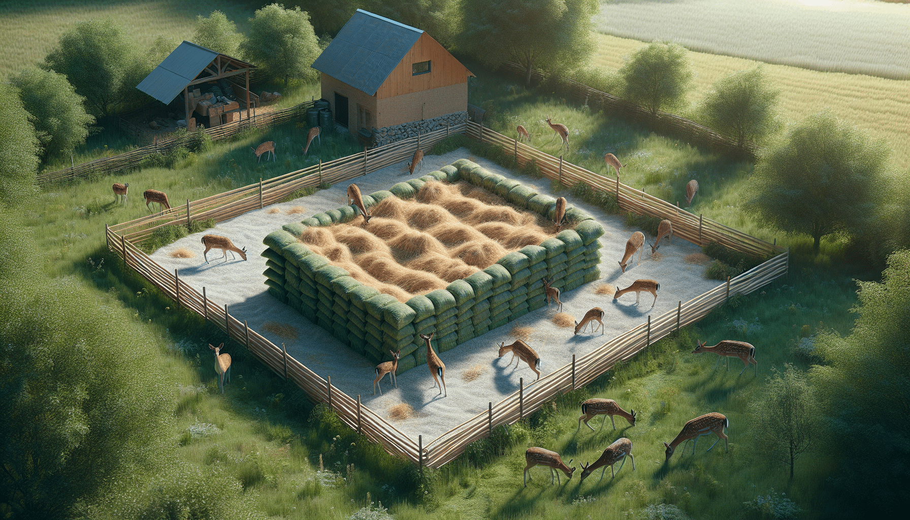 Hyper-realistic image showcasing the process of creating bedding for deer on a small property. The scene contains a lush green piece of land, hay bales stacked neatly to form a sheltered area and a soft bedding of straw inside. No people are present in the image. A few curious deer are cautiously approaching the bedding to investigate. There are no signs of human habitation or brand logos anywhere in the scene. Around the property, there is a soft fence made of natural materials to prevent the deer from wandering off. The overall feel is of a serene and tranquil sanctuary prepared thoughtfully for the wildlife.