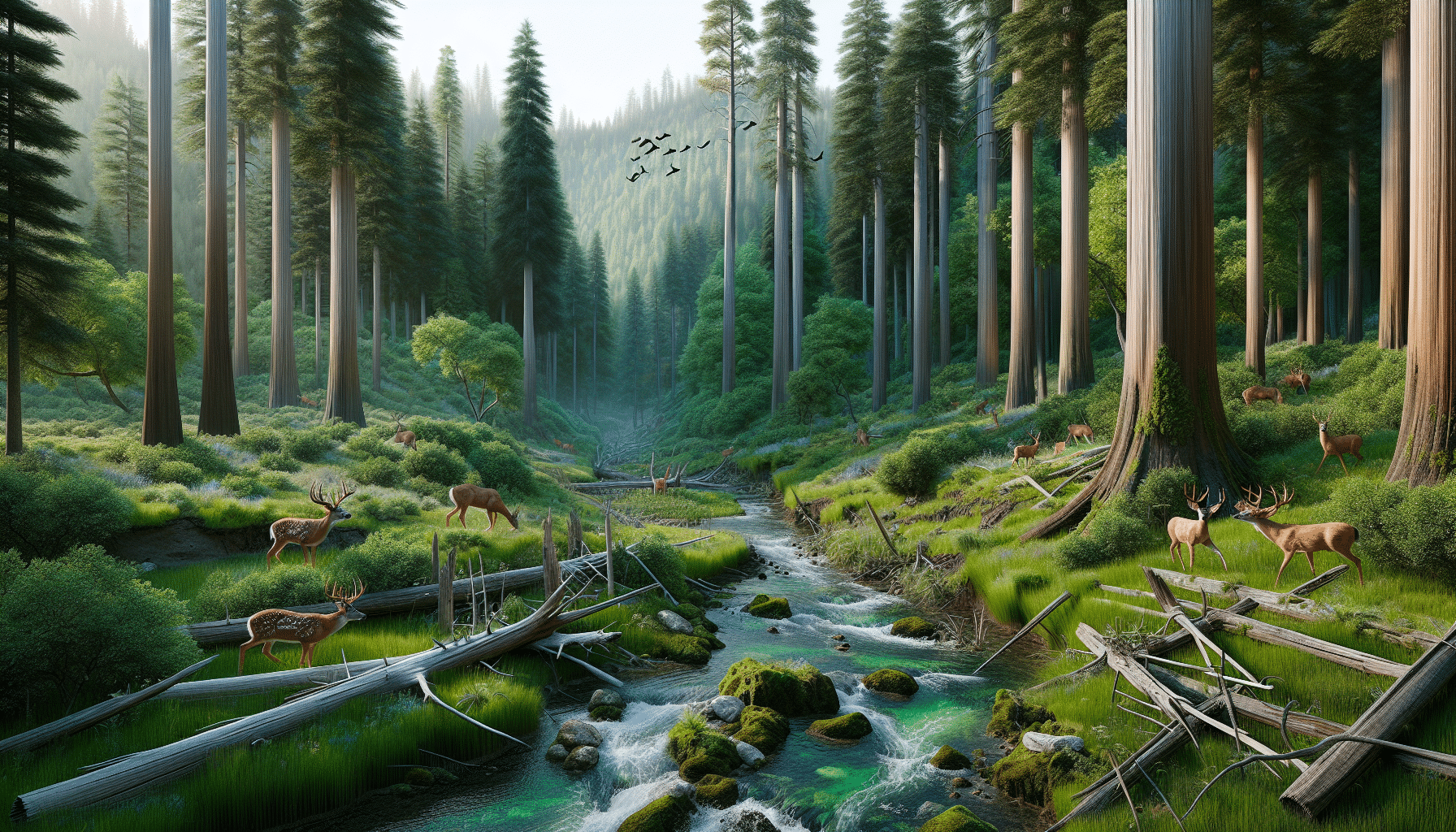 A hyper-realistic landscape that showcases a thriving deer habitat that has been improved by work done by TSI. The scene portrays a lush green forest area with towering trees, verdant underbrush, and a small clear-freshwater creek flowing through it. Multiple deer frolic and graze in the habitat, their coats glossy making them effortlessly blend in with their surroundings. Features like tree stems with selective removal of lower branches, and small trees being thinned out to allow more sunlight reaching the forest floor, should be evident, referring to TSI work.