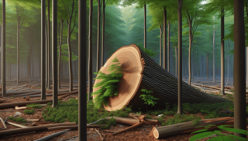 A forested area, focusing on a freshly cut hardwood tree with a diagonal cut, known as a hinge cut.