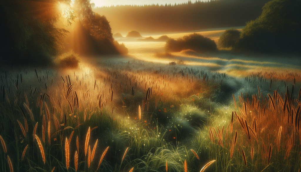 Create a vibrant, hyper-realistic image featuring a peaceful meadow filled with rich, native grasses. The grass should be variable in hue, indicating different types of indigenous species. Add subtle visual cues to suggest the context, such as flattened grass indicative of deer bedding areas, as well as gentle deer tracks leading to and from the spot. Sparkling morning dew on grass, and a warm glow of the rising sun will add to the scenic charm. Ensure that there are no human artifacts, brand names, logos, text, or people present in the image.