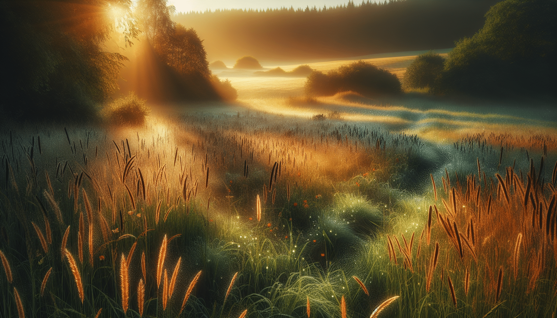 Create a vibrant, hyper-realistic image featuring a peaceful meadow filled with rich, native grasses. The grass should be variable in hue, indicating different types of indigenous species. Add subtle visual cues to suggest the context, such as flattened grass indicative of deer bedding areas, as well as gentle deer tracks leading to and from the spot. Sparkling morning dew on grass, and a warm glow of the rising sun will add to the scenic charm. Ensure that there are no human artifacts, brand names, logos, text, or people present in the image.