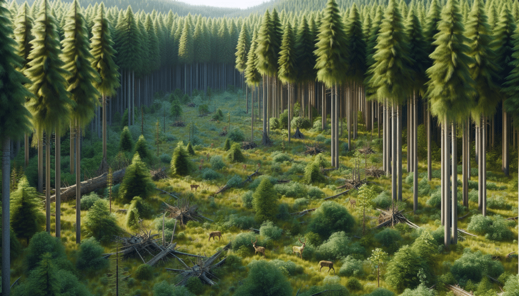 A hyper-realistic illustration showing an untouched dense forest with high timber trees interspersed with some patches where the timber has been managed. In these patches, younger trees and undergrowth are allowed to thrive, creating a diversified habitat. Some deer can be seen grazing in the managed patches, looking healthy and abundant. This scene is set during a clear, bright day. No humans, text, brand names or logos are present in the image.