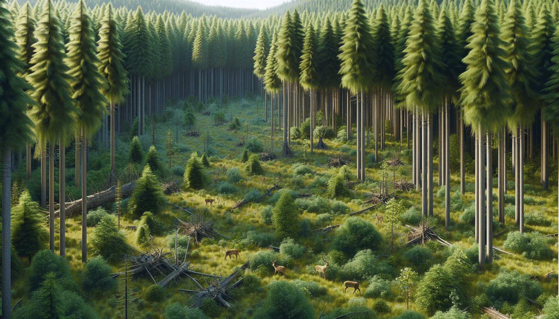 A hyper-realistic illustration showing an untouched dense forest with high timber trees interspersed with some patches where the timber has been managed. In these patches, younger trees and undergrowth are allowed to thrive, creating a diversified habitat. Some deer can be seen grazing in the managed patches, looking healthy and abundant. This scene is set during a clear, bright day. No humans, text, brand names or logos are present in the image.