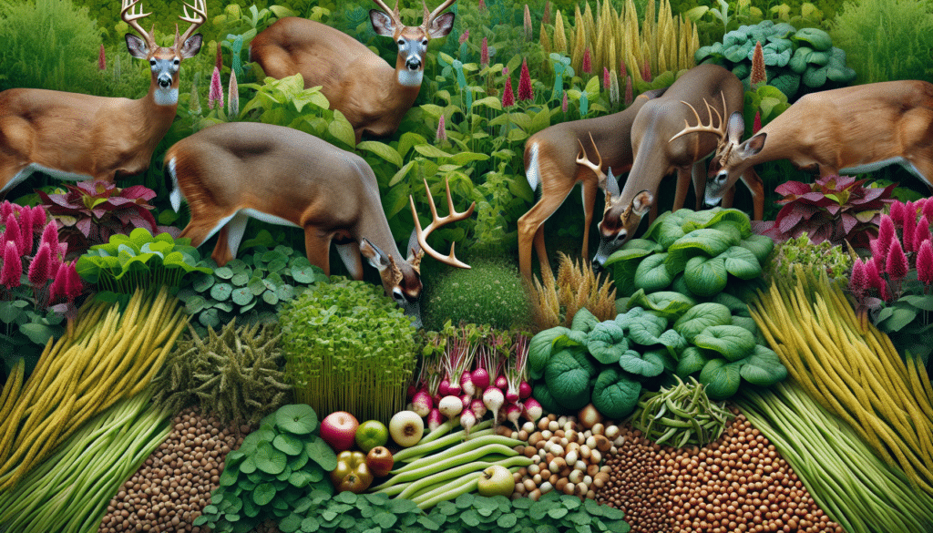 Generate a hyper-realistic image illustrating the concept of food plots for deer without including any text or human figures. Show a varied selection of plants that are commonly used in food plots for deer, like clover, turnips, and soybeans. Include some deer in the image, browsing on this diverse plant buffet. Make sure to avoid including any discernible brand names or logos in the image.