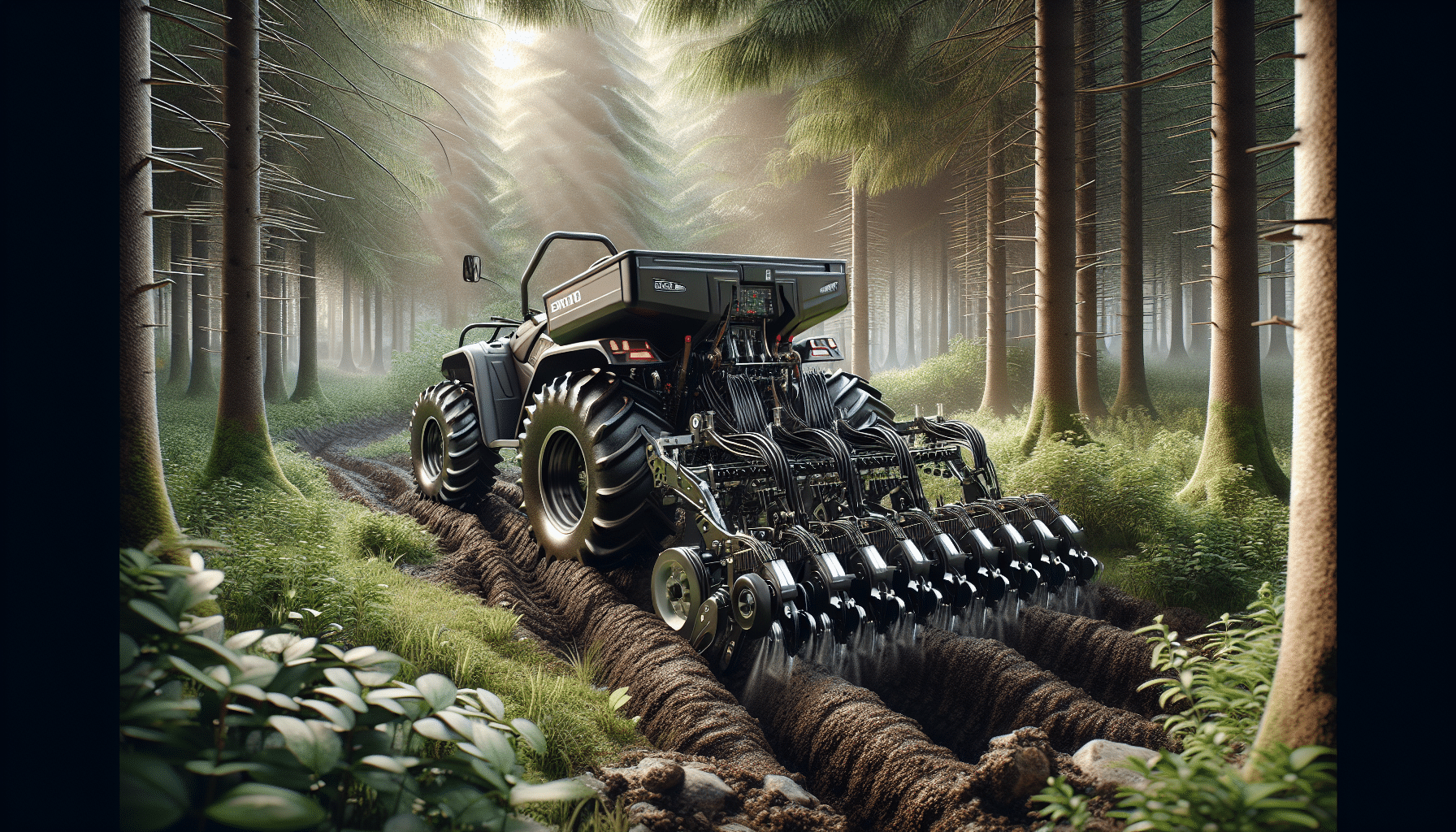 Create a highly detailed image in hyperrealistic style, depicting a scene in a serene woodland setting. In the center of the frame, there's an ATV seeder, designed for dispersing seeds for food plots. It's stationed on a path through the forest, with soil freshly turned around it. The device has large, rugged wheels to cater to the rough terrain, and its seed dispensing mechanism, fitted at the rear, showing signs of recent usage. On its sides, the trees and underbrush rustle with the secret lives of the forest, while a dappled sunlight filters through the canopy, highlighting the seeder. The view is breathtaking yet powerful, showcasing the successful interaction of technology with nature. Please avoid including any identifiable brand names, logos or people.