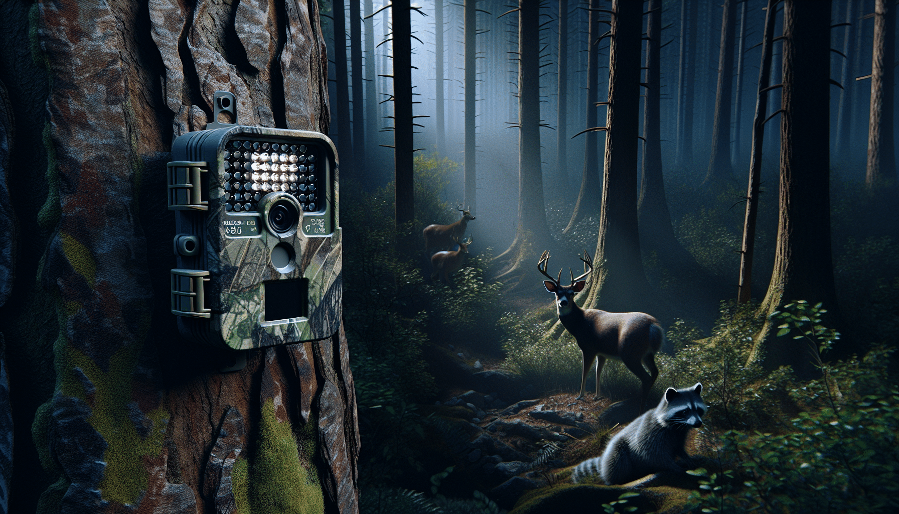A hyper-realistic depiction of the wilderness at night. The focus is on a trail camera strapped to a tree, with a camouflage pattern blending it into the bark. The camera has a noticeably reduced flash emanating from it, illuminating a small area in front of it. It captures images of wildlife, a deer and a raccoon, who seem unworried and unperturbed by its presence. There is no text on the camera or any other items, no brand names, and no humans in the image. The entire scene is just the deeply dark woods, the subtly glowing camera, and the unperturbed wildlife.