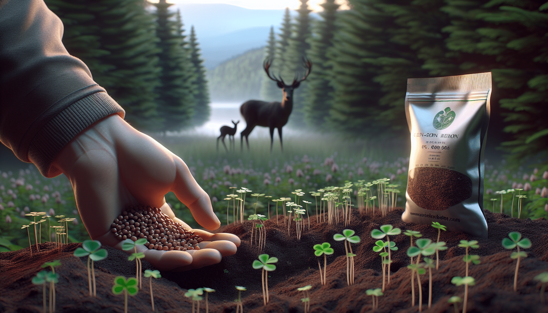 A hyper-realistic detail-oriented natural scene. The foreground shows a hand planting clover seeds in the soil, reflecting a procedure done without the aid of machinery. The background, composed of soft-focus forestry, reveals silhouettes of deer curiously observing the activity. The clover seeds are a generic representation with no branding or logos. The scene illustrates a serene twilight ambiance and captures the rich textures of the soil, gleaming seeds, and blooming clover plants.
