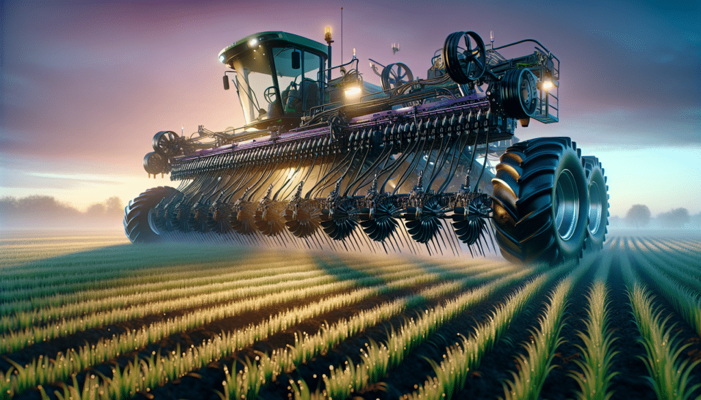 Visualize a hyper-realistic image, focusing on a robust no till food plot drill in operation. The scene is a fertile field at dawn with dew-kissed grass under a purpling sky. The no-till drill, the star of this image, is busily planting seeds in the fertile ground, creating neat rows. It's a complex machine with intricate mechanisms: sharp, shining metal disks that open the earth for seeds, a wide hopper for seed storage, and sturdy wheels that keep it moving across the field. No people are seen. There are no visible brand names or logos in this image.