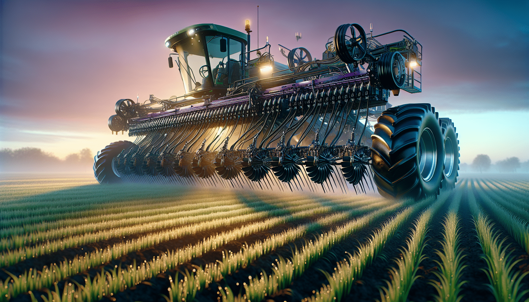Visualize a hyper-realistic image, focusing on a robust no till food plot drill in operation. The scene is a fertile field at dawn with dew-kissed grass under a purpling sky. The no-till drill, the star of this image, is busily planting seeds in the fertile ground, creating neat rows. It's a complex machine with intricate mechanisms: sharp, shining metal disks that open the earth for seeds, a wide hopper for seed storage, and sturdy wheels that keep it moving across the field. No people are seen. There are no visible brand names or logos in this image.