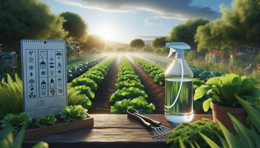 Depict a hyperrealistic scene of a lush vegetable garden, bathed in gentle sunlight, a serene countryside setting. There is an unbranded plastic spray bottle filled with a clear liquid placed in the foreground. Nearby is an outdoor instruction chart showing symbols for sunshine, rain, and crop rotation, hinting at the optimal time to spray a certain product. There should not be any particular brand names or logos visible on any objects, and there are no people anywhere in the scene.