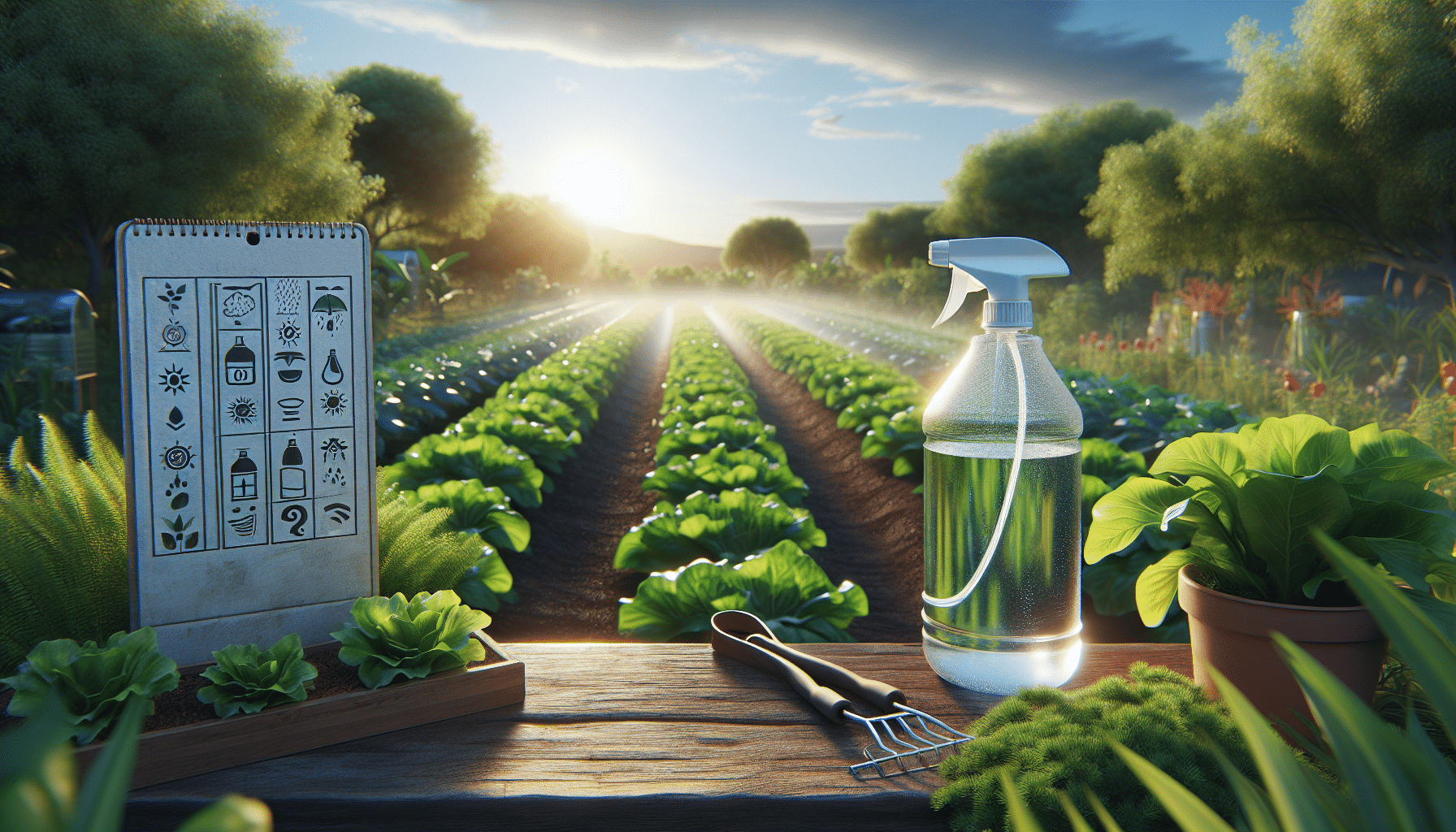 Depict a hyperrealistic scene of a lush vegetable garden, bathed in gentle sunlight, a serene countryside setting. There is an unbranded plastic spray bottle filled with a clear liquid placed in the foreground. Nearby is an outdoor instruction chart showing symbols for sunshine, rain, and crop rotation, hinting at the optimal time to spray a certain product. There should not be any particular brand names or logos visible on any objects, and there are no people anywhere in the scene.