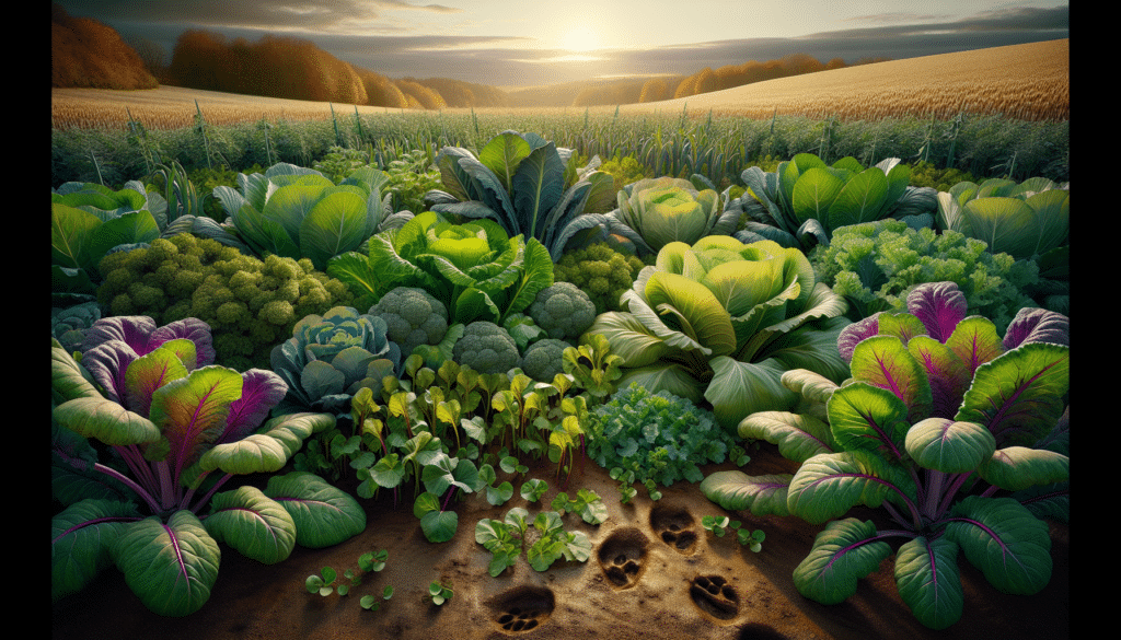 A hyper-realistic image depicting a lush assortment of late-season brassica plants, such as turnips, kale and radish, often cultivated for deer foraging. Vivid details of the plump, juicy leaves in varieties of greens and purples make the array irresistible for deer. The landscape stretches into the horizon, offering an endless buffet for wildlife. There are visible hoof prints in the soft, moist earth, suggesting recent visits by deer. The scene is set in the twilight hours, with the golden sun dipping beyond the tree line, casting long dramatic shadows across the field, enhancing the visual depth and vitality of the brassica plants. No humans, text or brand logos are present.