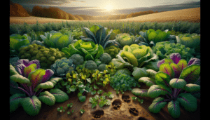 A lush assortment of late-season brassica plants, such as turnips, kale and radish, often cultivated for deer foraging.
