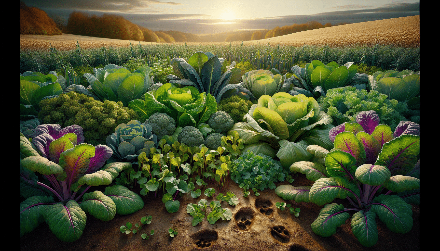 A hyper-realistic image depicting a lush assortment of late-season brassica plants, such as turnips, kale and radish, often cultivated for deer foraging. Vivid details of the plump, juicy leaves in varieties of greens and purples make the array irresistible for deer. The landscape stretches into the horizon, offering an endless buffet for wildlife. There are visible hoof prints in the soft, moist earth, suggesting recent visits by deer. The scene is set in the twilight hours, with the golden sun dipping beyond the tree line, casting long dramatic shadows across the field, enhancing the visual depth and vitality of the brassica plants. No humans, text or brand logos are present.