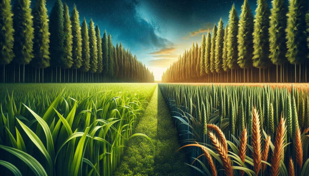 Create a highly detailed and realistic image that showcases a comparative study between two distinct types of agricultural products suitable for deer nutrition. On one side, depict a lush green field filled with tall, robust crops, teeming with health and vitality - this represents the first product. On the opposite side, illustrate a different type of flora, looking equally nourishing but distinct in appearance, slightly shorter with unique leaf structure - representing the second product. The fields are divided by a subtle path, enhancing the difference yet showing they belong to the same realm. The amazing contrast between them infers differing qualities of these deer nutrition supplements.
