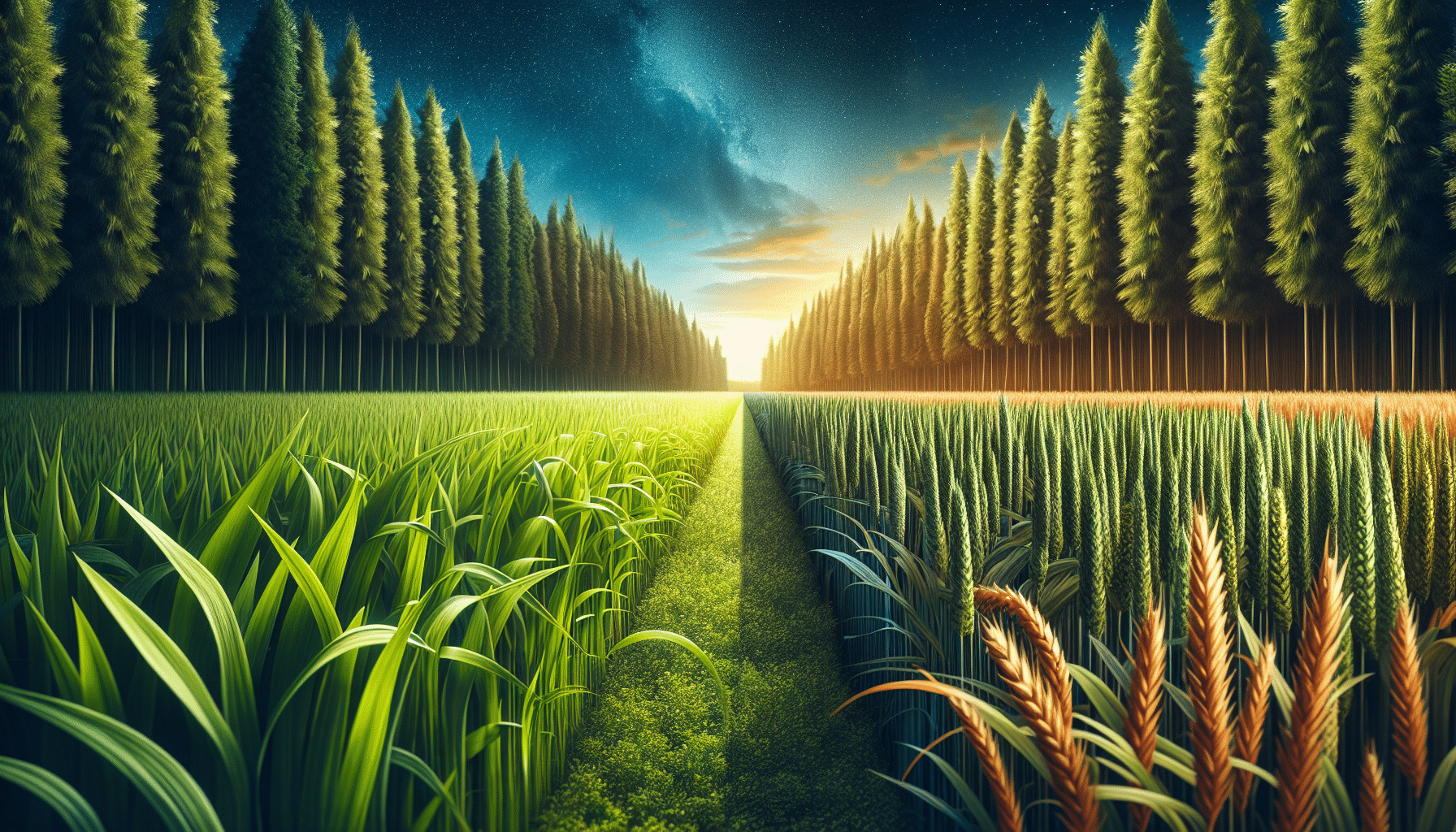 Create a highly detailed and realistic image that showcases a comparative study between two distinct types of agricultural products suitable for deer nutrition. On one side, depict a lush green field filled with tall, robust crops, teeming with health and vitality - this represents the first product. On the opposite side, illustrate a different type of flora, looking equally nourishing but distinct in appearance, slightly shorter with unique leaf structure - representing the second product. The fields are divided by a subtle path, enhancing the difference yet showing they belong to the same realm. The amazing contrast between them infers differing qualities of these deer nutrition supplements.
