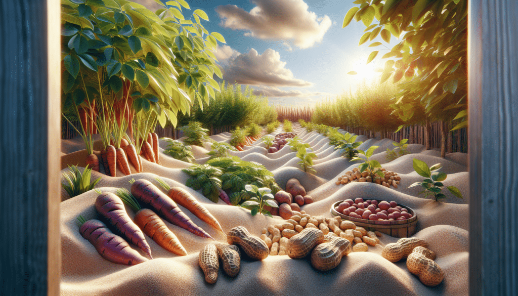 Create a highly detailed and hyper-realistic image that represents the theme 'Best Food Plot for Sandy Soil'. The image should feature healthy, well-nourished plants growing in sandy soil in a garden plot setting. The plants consist of typical crops that thrive in such conditions like sweet potatoes, carrots, and peanuts. No human or animal figures should be included in the image. Also, make sure the image is free from any textual content, including on items in the scene, and free of any recognizable brand names or logos.