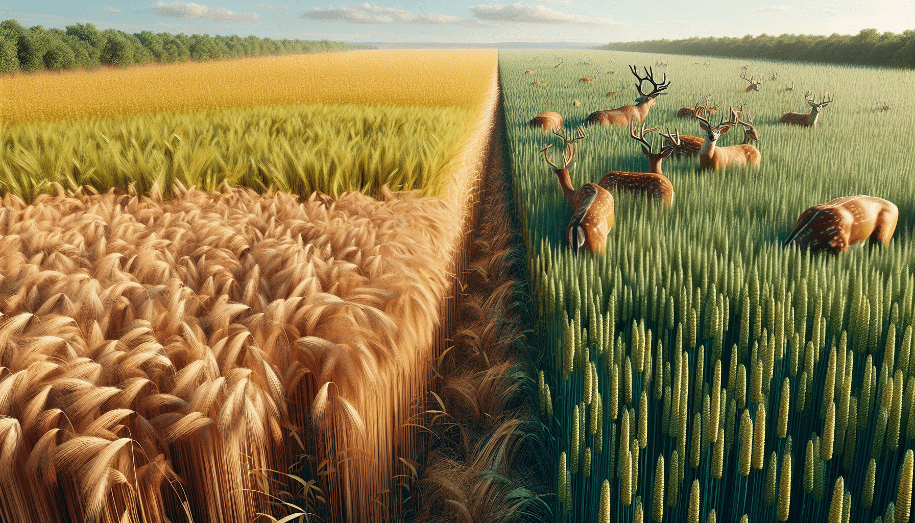 Generating a highly detailed and hyper-realistic image showcasing two distinct agricultural fields side by side in a rural landscape. The field on the left is lush with tall, green oat plants, their golden seed heads bent heavily under the weight. The field on the right, equally vibrant, is filled with thick stalks of wheat waving in the breeze. Deer, both males with towering antlers and females without, are roaming and grazing in both fields, clearly demonstrating the context and comparing the effectiveness and attractiveness of both crops as deer food plots. The sky above is clear and blue, casting warm sunlight over the serene scene.