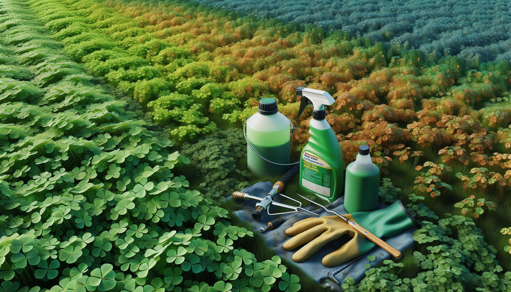 A hyper-realistic image portraying a clover food plot visually rich in color variety. Dominating the scene are dense clusters of green clover leaves interspersed with patches of different colored dying grass indicative of their gradual extermination. There are tools laid out nearby: a garden sprayer, a pair of protective gardening gloves and a bottle of generic, unbranded herbicide. Note the absence of any label, text or brand name on the bottle or tools. Also evident is the absence of any humans within the image, creating an atmosphere of serene solitude.