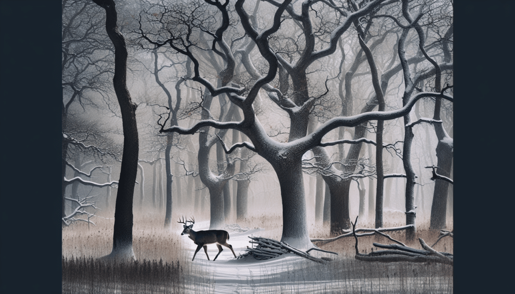 Generate a hyper-realistic image featuring a late-season landscape presenting stark winter beauty. Inclusion of leafless trees dotted with small patches of remaining snow would underscore the scarcity of food. A deer is seen quietly stepping through the understory, ears alert for the faintest hint of danger. Hunting tactics include elements like hidden blinds made of natural materials, strategically positioned to overlook trails and feeding areas that deer frequent. Remember not to include any human presence, text, or brand logos in the image.