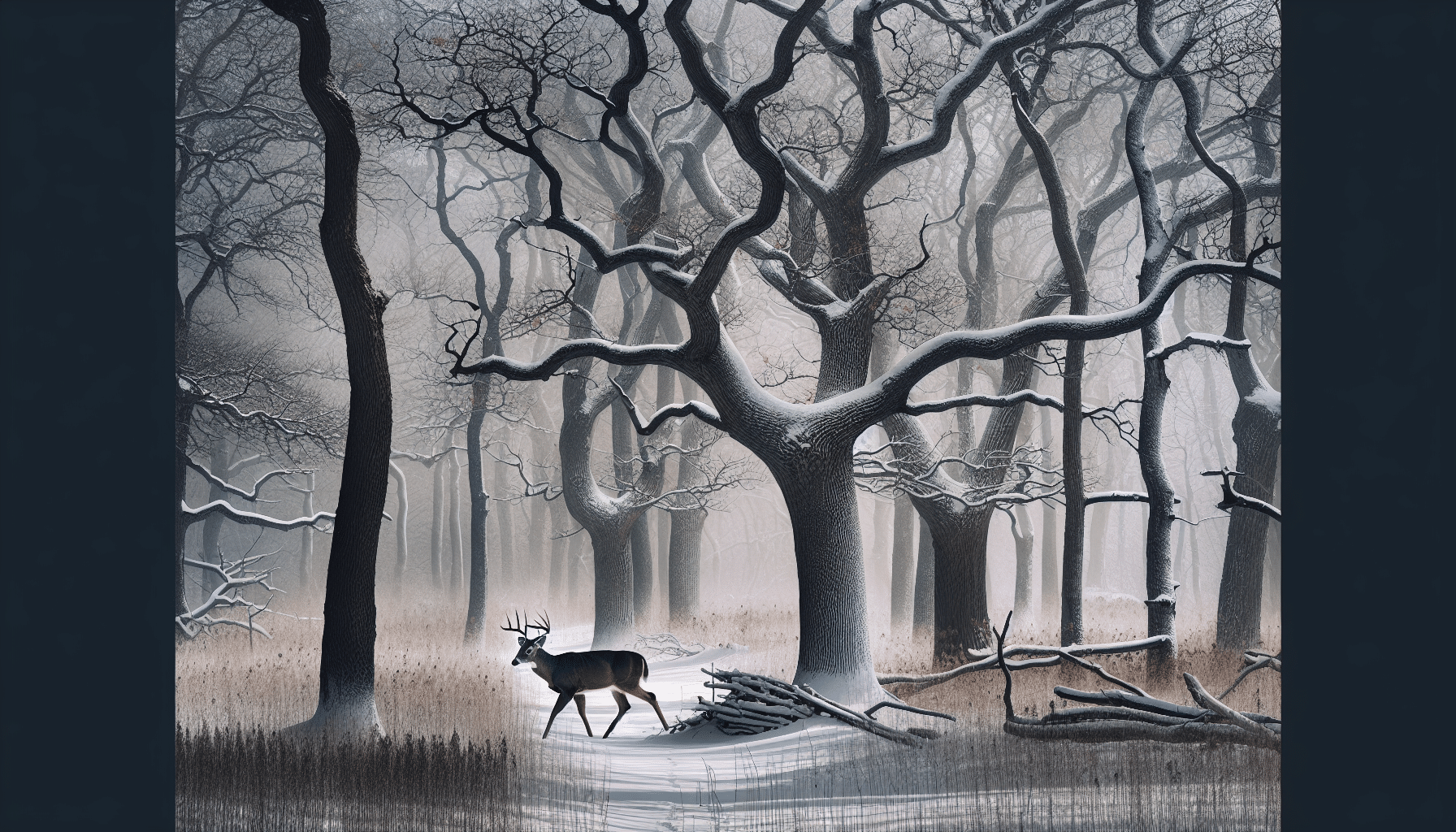 Generate a hyper-realistic image featuring a late-season landscape presenting stark winter beauty. Inclusion of leafless trees dotted with small patches of remaining snow would underscore the scarcity of food. A deer is seen quietly stepping through the understory, ears alert for the faintest hint of danger. Hunting tactics include elements like hidden blinds made of natural materials, strategically positioned to overlook trails and feeding areas that deer frequent. Remember not to include any human presence, text, or brand logos in the image.