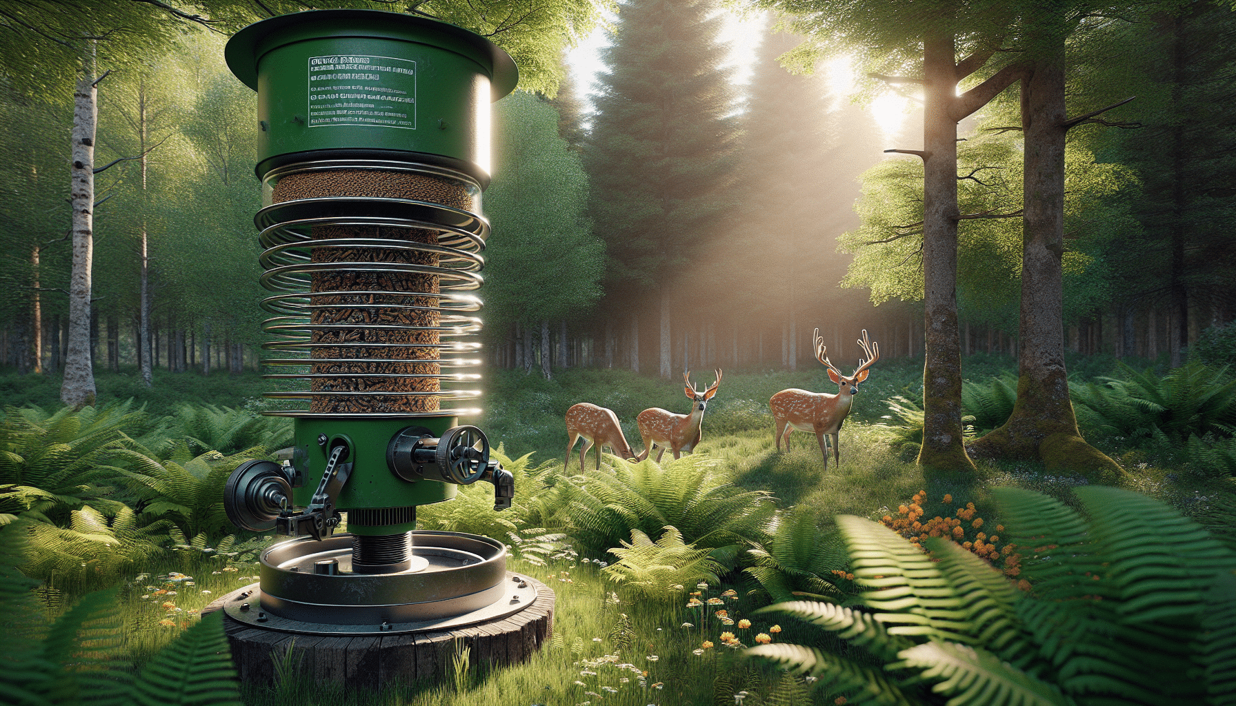 Create a hyper-realistic image of a deer feeder standing in a lush green forest clearing. This mechanical feeder is cylindrical with a cone-shaped dispenser at the bottom which currently appears to be jammed, suggesting that it's not spinning. Sunlight is peeking through the canopy of trees onto the feeder, highlighting the jammed mechanism. Nearby, a couple of curious deer observe from a distance, surrounding woodland flora, like ferns and flowers, add to the picturesque scenario. No text, labels, or humans are visible in this tranquil forest scene.