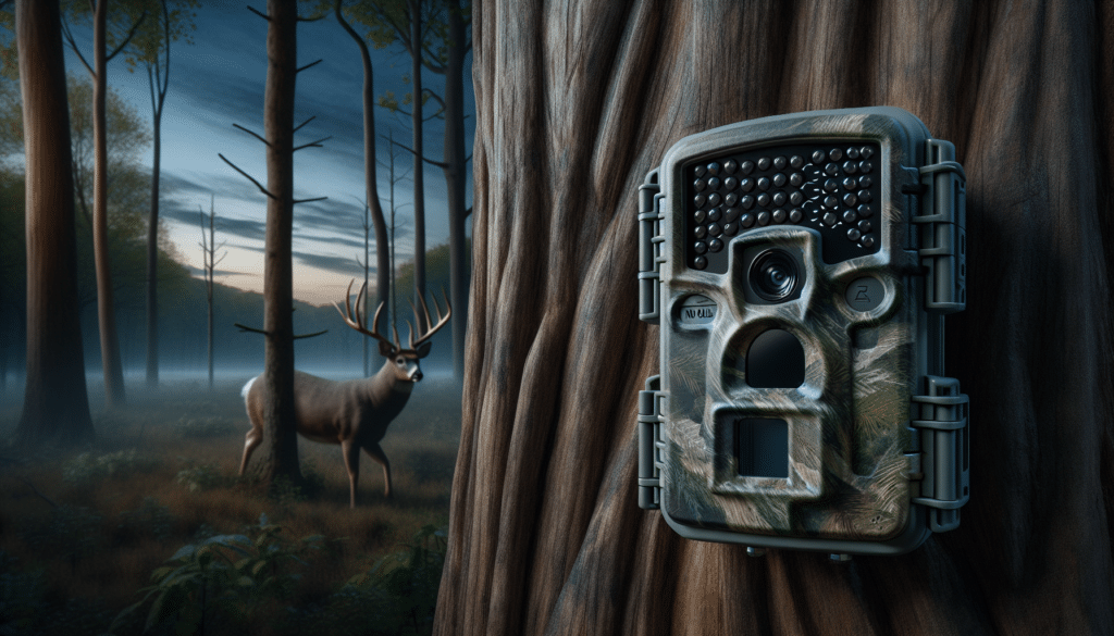 A hyper-realistic image of a no glow trail camera positioned on the bark of a tree at dusk. The camera is robust and camouflaged to blend into the natural surroundings, providing a discreet appearance. It is looking towards a clearing where a large deer is seen tentatively stepping out from the treeline. The direct focus is on the camera, showcasing its buttons and nobs, presenting an optimal design meant for the purpose of capturing wildlife undisturbed, particularly the pressured deer. The overall setting is a forest under a twilight sky with slight hues of the setting sun on the horizon.