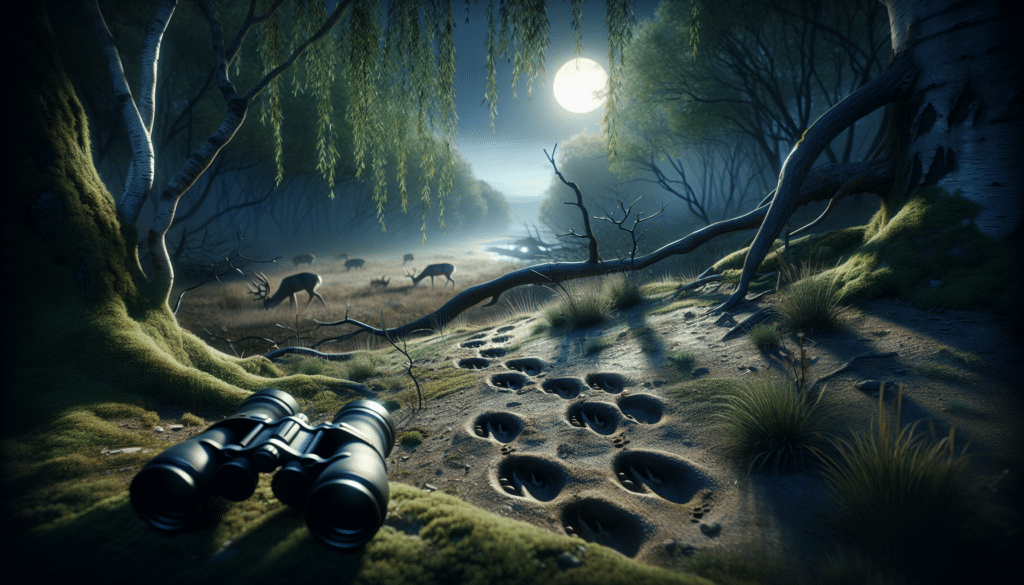 A tranquil and moonlit forest, where signs of deer activity are subtly hinted.