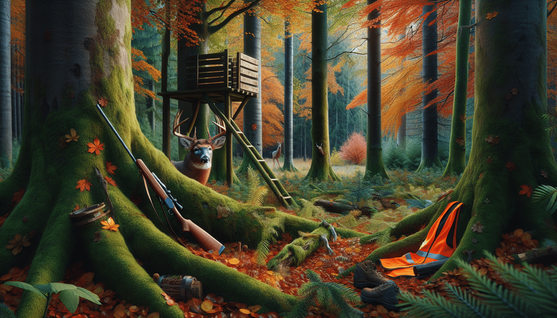 A hyper realistic image of a lush forest during autumn, with vibrant colors and detailed textures present in the environment. In the center, a majestic, fully grown buck is seen half-hidden among the trees, looking cautious and alert. Various elements that imply hunting season are subtly incorporated - there's an unoccupied wooden hunting stand in a tree, a discarded orange vest on the forest floor, and a rifle leaning against a tree trunk. Yet, everyone is conspicuously absent, as if the animals have sensed the danger and the people have vanished for some reason.