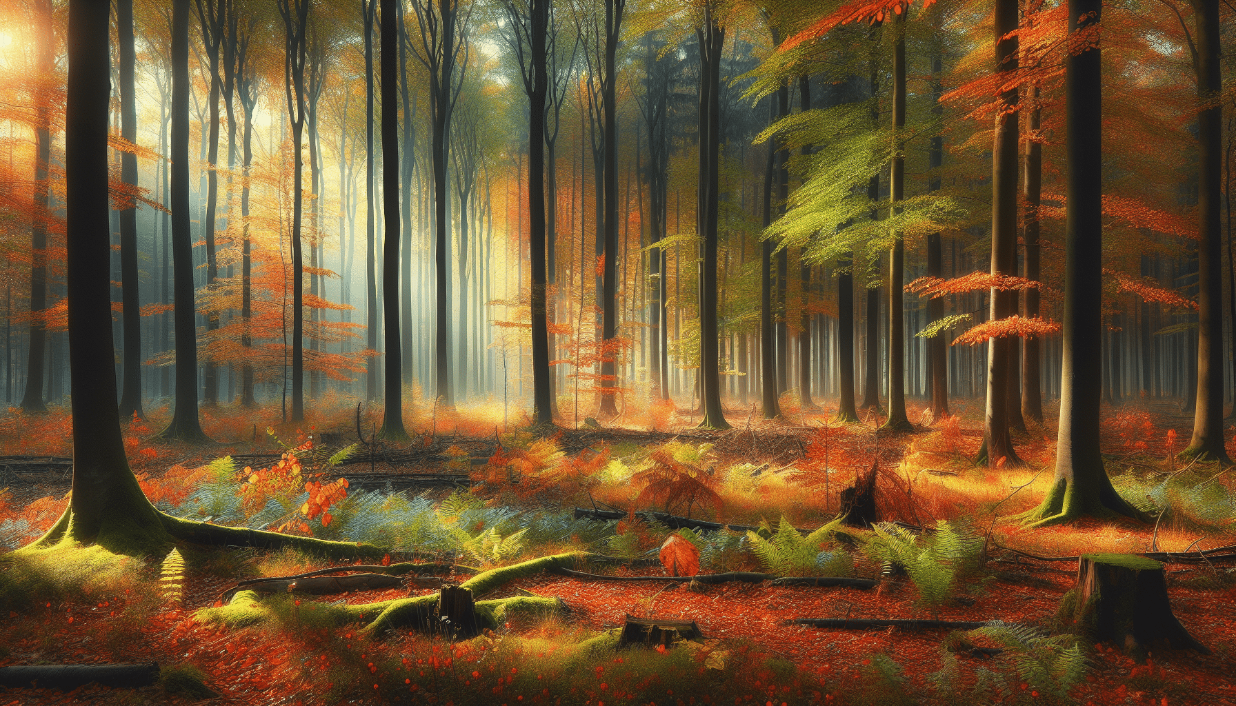 Create a hyper realistic image of a calm forest in October, showcasing the tranquillity of an autumnal morning. The forest floor should be adorned in brightly colored leaves, with the hues of orange, red, yellow, and brown, hinting towards the seasonal change. In addition, portray an expanse of trees some of them showcasing the vibrant colors of the fall foliage, while others still retaining their summer hues. A bit of morning mist should be wistfully floating between the trees adding to the serene ambiance. Highlight a few signs of nearby wildlife, such as deer tracks, slightly trodden foliage, or a cluster of nibbled acorns, to subtly hint towards the possibility of hunting during the October lull.
