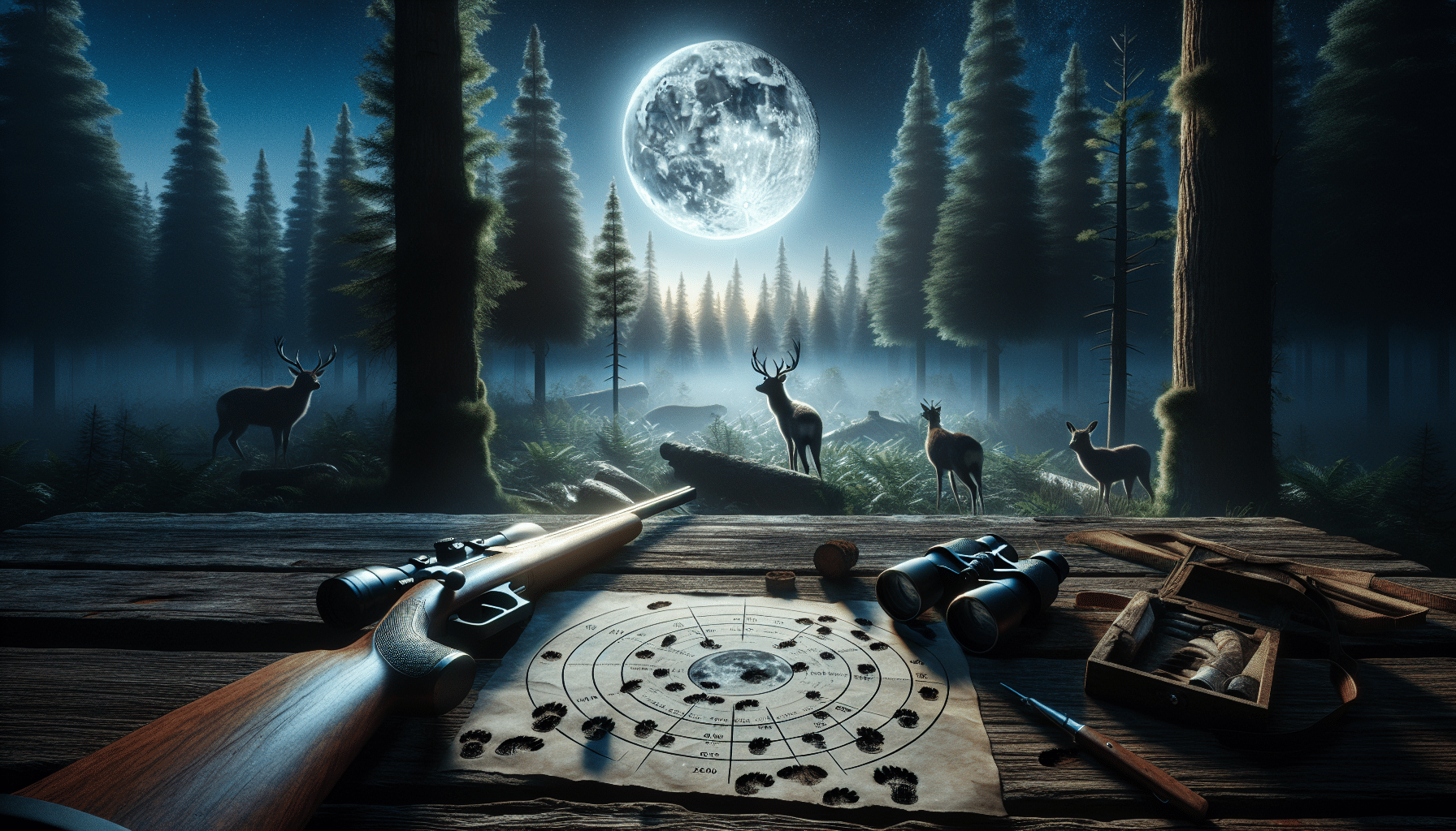 A hyper-realistic, text-free nighttime scenery in the forest. A full moon casting light over the dense wilderness, illuminating scattered deer tracks on the forest floor. Close to the viewer, a hunting rifle is leaning against a tree, and a pair of binoculars is placed on a rough-hewn wooden table next to a hand-drawn phase diagram of the moon. There are no people, brand names, or logos present in the scene.