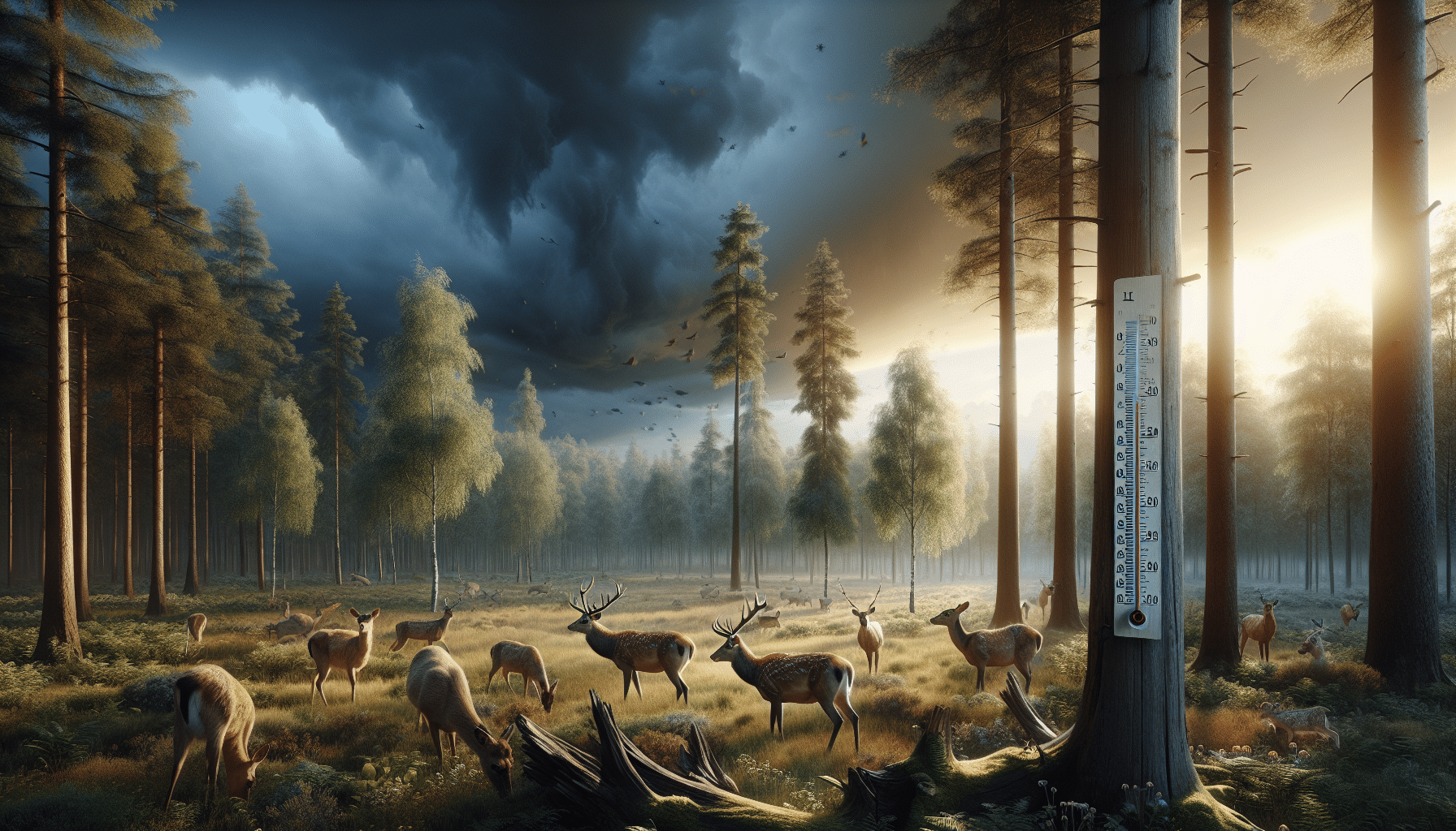 Hyper realistic image of a calm forest expanse, illuminated by the soft glow of a setting sun. A group of deer, a mix of bucks and does, are seen alert and on the move. The trees sway subtly as the wind rustles the leaves. In the sky, the change in weather is perceptible with dark, heavy clouds rolling in, contrasting against the lighter, sunny skies on the other part. A barometer, delicately placed on a tree trunk, shows a noticeable change in atmospheric pressure. Ensure no text, brand names or human presence in the scene.