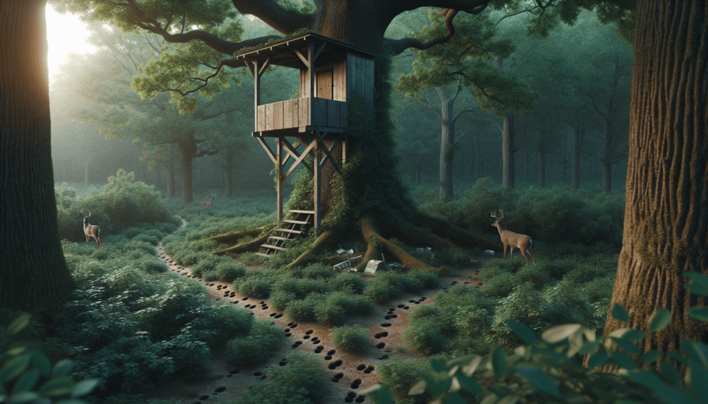 A hyper-realistic snapshot of a typical deer stand location in a lush forest during twilight. The stand, made of weathered timber, perches covertly amongst the foliage of a towering oak. Deer tracks are visible leading up to, but suddenly diverging away from, the stand. Bushes bear signs of grazing, emphasizing the absence of deer. Subtle signs of human activity, such as discarded snacking wrappers and a misplaced water bottle, are subtly integrated, hinting at humanity's intrusion into the serene wilderness that may explain the deer’s aversion. No people, text, or brand names are included.
