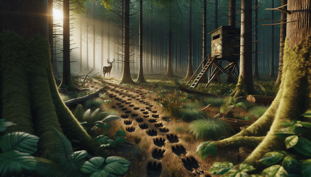 An extremely realistic view of a dense forest during the rut season. Sunlight is breaking through the thick foliage, illuminating a set of deer tracks leading into the wilderness. On the right, a well camouflaged hunting blind is subtly hidden among the trees. In the scene, several different natural signs of deer activity are highlighted, such as rub marks on a tree, rustling leaves and disrupted vegetation. In the distance, a majestic buck is barely visible, underlining the importance of patience and observation in hunting. No human characters, text, or brand logos are present.