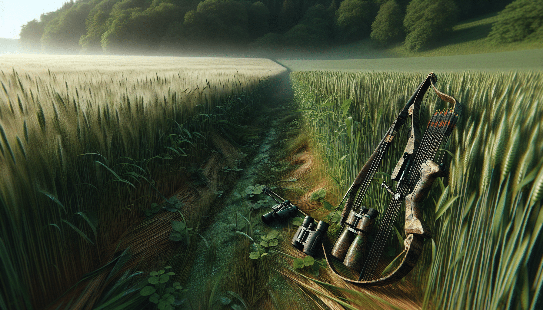 An extremely realistic image of a lush field edge during the day. Plot: On the left, traces of footprints can be noticeable on the grassy terrain dating back to the early morning dew, through the narrow path leading to the edge of the field. On the right, well-camouflaged hunting gear (like a bow, arrows, and binoculars) lie discreetly among the tall grass blades. The field edge transition into a dense forest is evident in the background. There is no human presence, providing a true sense of solitude and anticipation. All items are unbranded, with no text or logo marks.