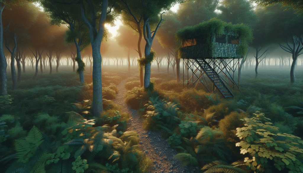 A hyper-realistic rendering of a dense forest landscape, bathed in the soft, warm light of early dawn. Illustrate two distinct pathways winding through the foliage: one leading towards a camouflaged, stilt-based tree stand nestled among strong, leafy branches and the other path leading away into the undergrowth. There are no human beings present. The scene does not contain any text, brand names or logos, focusing instead on natural details like the texture of the tree bark, the deep green foliage, the pebbly soil of the paths, and the morning mist rising from the forest floor.