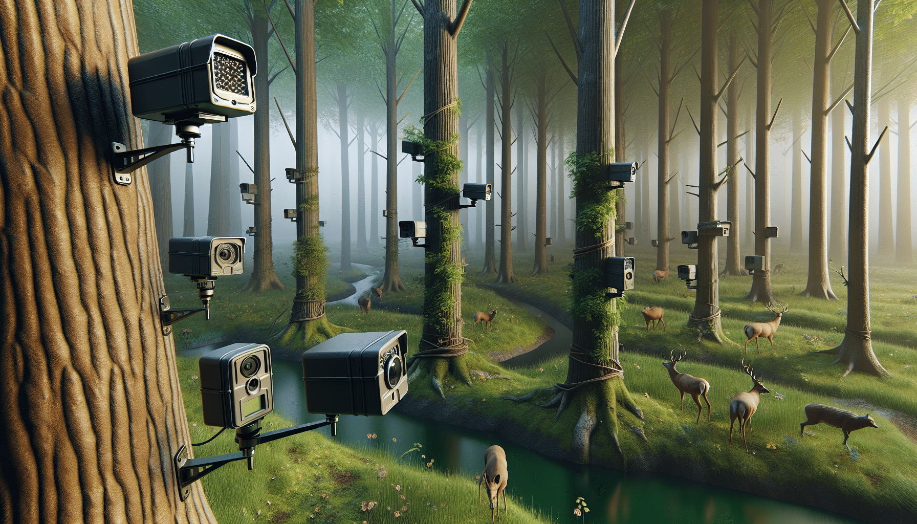 A hyper-realistic image displaying a serene forest environment. In the setting, scattered around are a variety of unmanned trail cameras placed at different heights. They are strapped to tree trunks, varying from low ground level extending up to approximately eye-level heights. Each camera is detailed but nondescript in nature with no discernible brand logos or names. They are artistically positioned to capture diverse wildlife angles from a low drinking deer to the up-high perched bird. The perspective is such that it accentuates the various camera placements in relation to the surrounding environment.