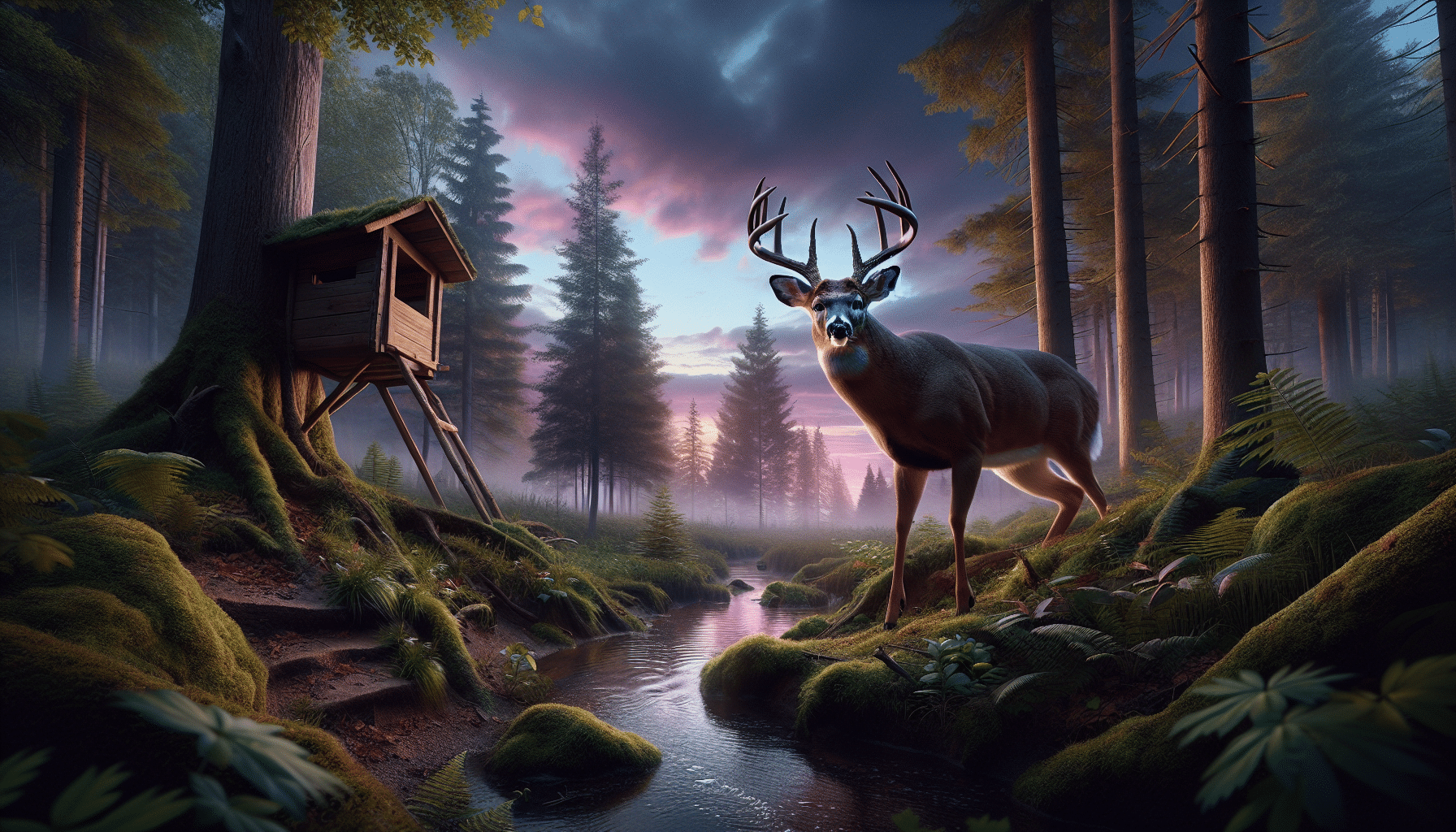 A hyper-realistic scene set in a dense, untouched forest during the twilight hour. The sky is a heavenly blend of pinks and purples. A majestic, towering buck, with a massive antler rack, is cautiously treading by a small, glistening creek. The deer's eyes, alert and focused, are scanning its surroundings. A few yards away, unseen by the buck, a well-structured yet unobtrusive hunting blind made of natural materials such as leaves and branches is barely noticeable. Behind the buck, deer tracks indent the soft forest floor, symbolizing the continuous stalking. No humans, text, or branding is present in this composition.