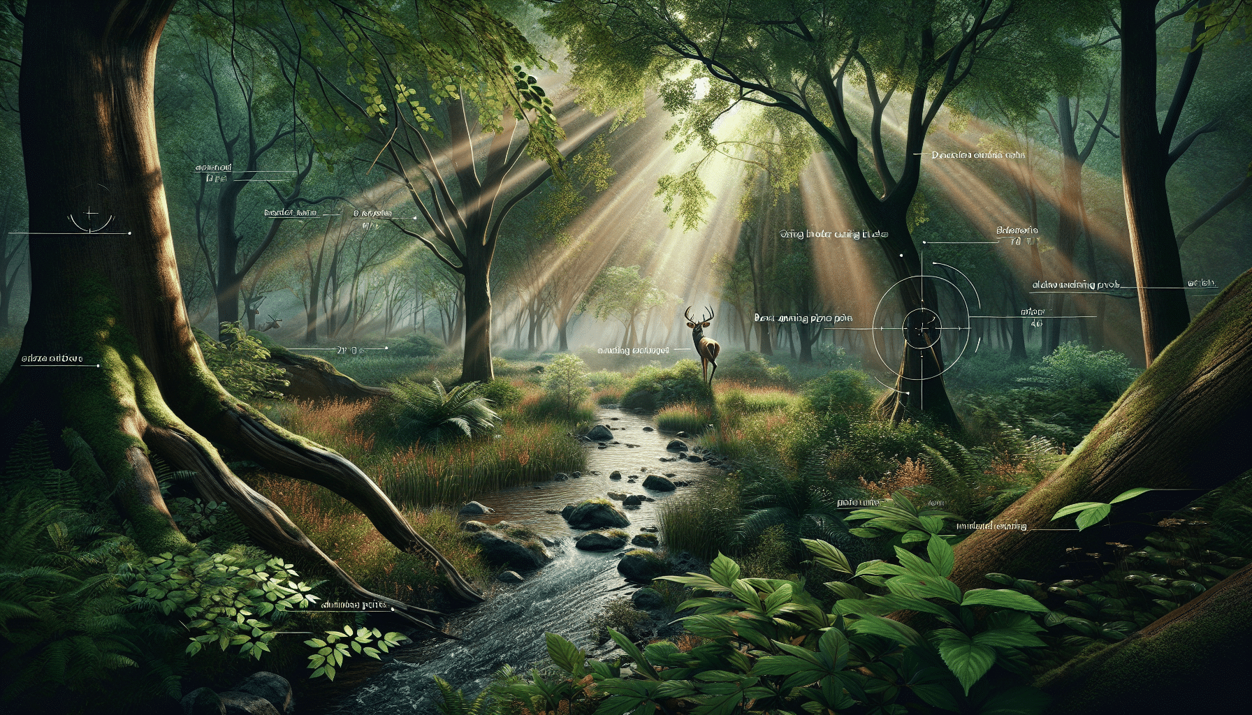 An ultra-realistic depiction of a tranquil forest environment, showcasing variables that contribute to the best ambush points for cruising bucks. Exhibit a dense woodland with a slow, winding creek, fecund undergrowth, and interlacing branches that offer ample cover for a hidden observer. Depict the early hours of dawn, with delicate rays of sunlight piercing through the leafy canopy, casting long, dancing shadows on the forest floor. Display a buck in the distance, cautiously stepping through the undergrowth, unaware of the concealed observer's location. Emphasize on creating an atmosphere conducive to nature enthusiasts interested in tracking and observing wildlife, without the presence of any humans, texts or brand logos.