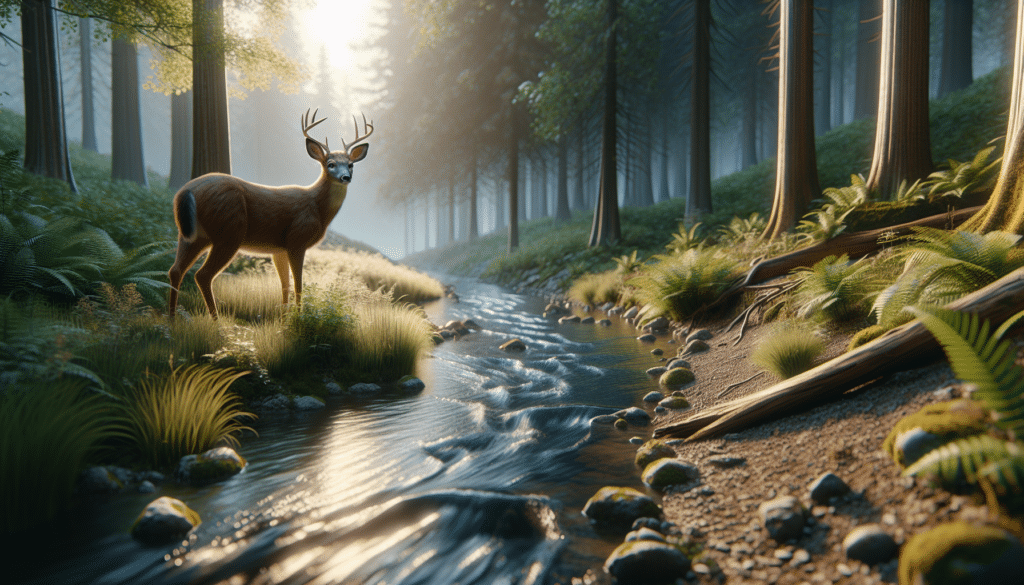 A hyper-realistic forest setting during the day, bathed in mellow sunlight. A gently flowing creek with crystal-clear water cuts through the scene. Focus on a handsome buck standing on one side of the creek, its alert gaze fixed across the stream, evaluating the best place to cross. The buck's fur is a rich brown and its antlers are majestic. Include subtle signs that suggest the buck's trajectory across the creek. Maybe disturbed grass or trodden soil leading up to the creek, and a similar path visible on the other side. No humans, text or brand names are featured in the scene.