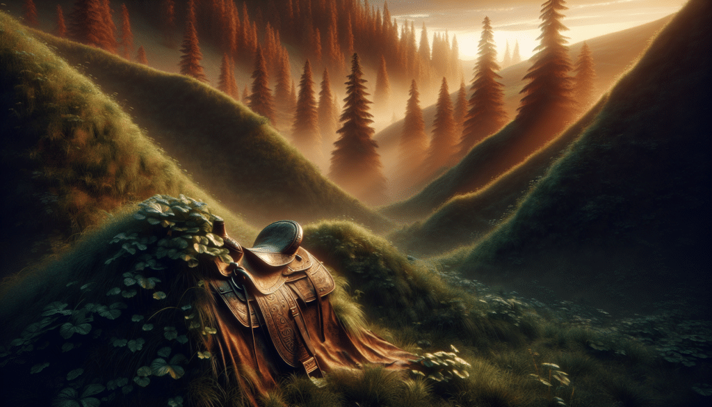 An ultra-realistic image depicting a rugged, hilly landscape bathed in the soft glow of dawn. Tall, majestic trees are permanently etched into the scene, surrounded by a thick carpet of verdant grass gently swaying in the cool morning breeze. Nestled between two mounds is a worn, vintage leather saddle with detailed tooling designs, implying nobility and a sense of adventure. The saddle is evidently abandoned, yet it hints at tales of past expeditions. The saddle is subtly illuminated by the dappled sunlight filtering feathily through the russet foliage overhead, casting dramatic shadows and intensifying the atmosphere of intrigue and exploratory spirit.