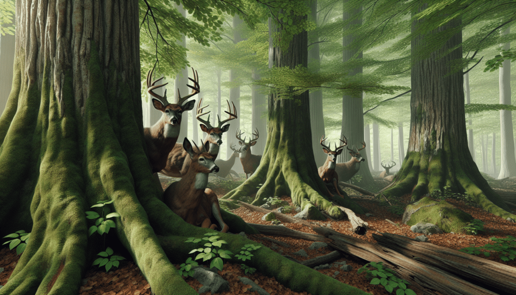 Set during hunting season in a dense forest, featuring a cluster of large bucks.