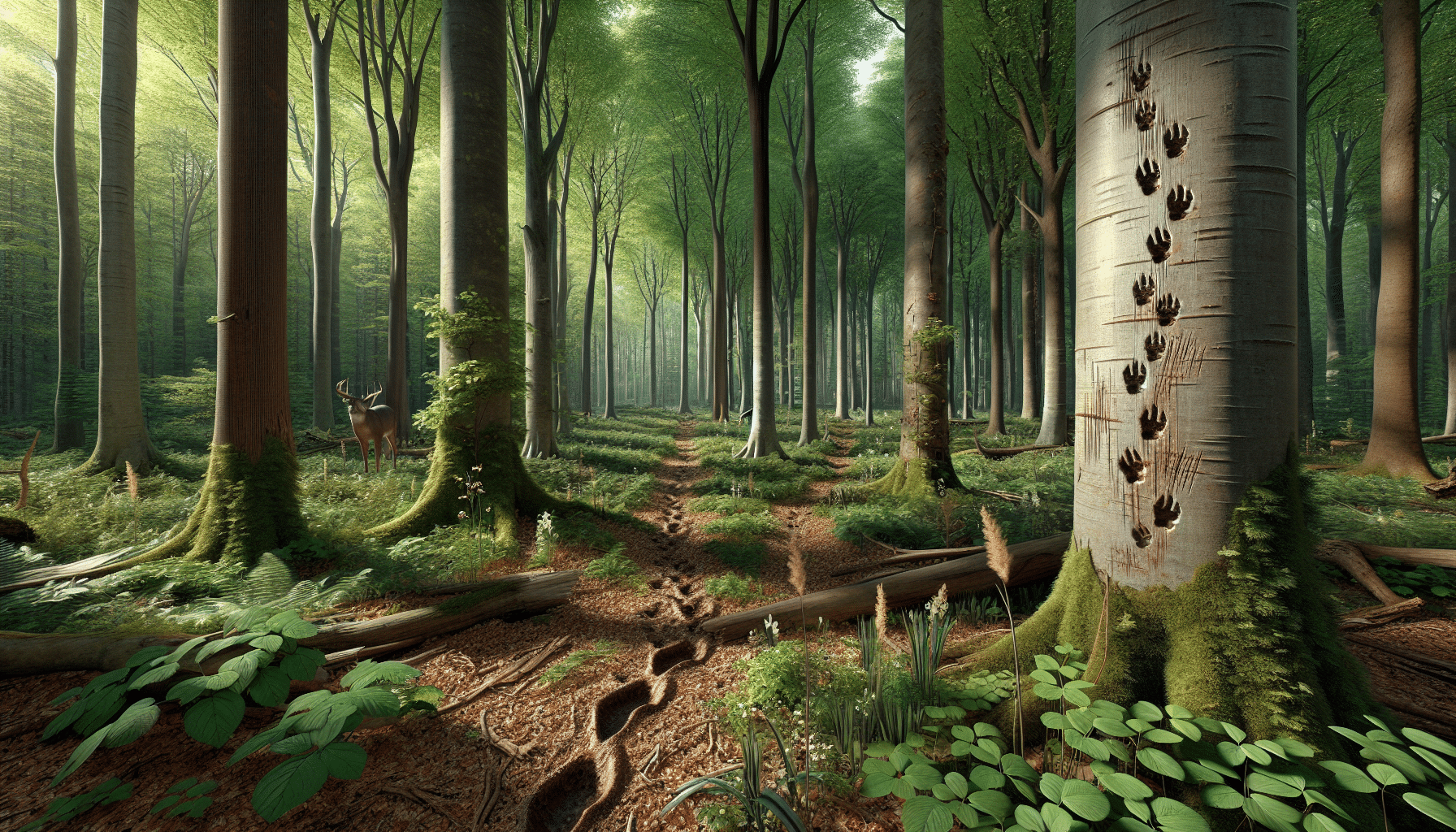 A hyper-realistic scene of a grand forest during the noon hour under a clear sky. Trees of various types create a dense canopy, and the forest floor is littered with leaf litter, natural debris, and small, wild flowers. Visible amidst the foliage are tracks of a large mammal, likely a buck, as well as subtle signs of a deer trail. Also present are a strip of rubbed bark on a tree indicating mark of a male deer and matted foliage where a buck may have been resting. The image infers methods to identify a buck's core area using natural signs.