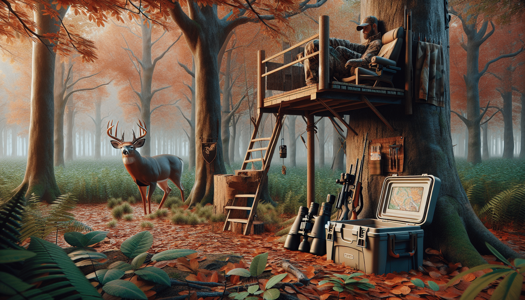 A realistic scene centered around strategies for deer hunting during the rut. The comfortable hunting site is equipped with a tree stand hidden in the midst of dense leaves in an autumn-colored forest, with a portable cooler and high-powered binoculars aside. Quietly nearby, a majestic buck with a large rack ventures out cautiously into an open area, grazing on small shrubbery. There are no signs of human activity, creating a serene wilderness setting. Excluding any text, logos, or specific brands, this scene captures the essence of a quiet day of hunting during the rut season.